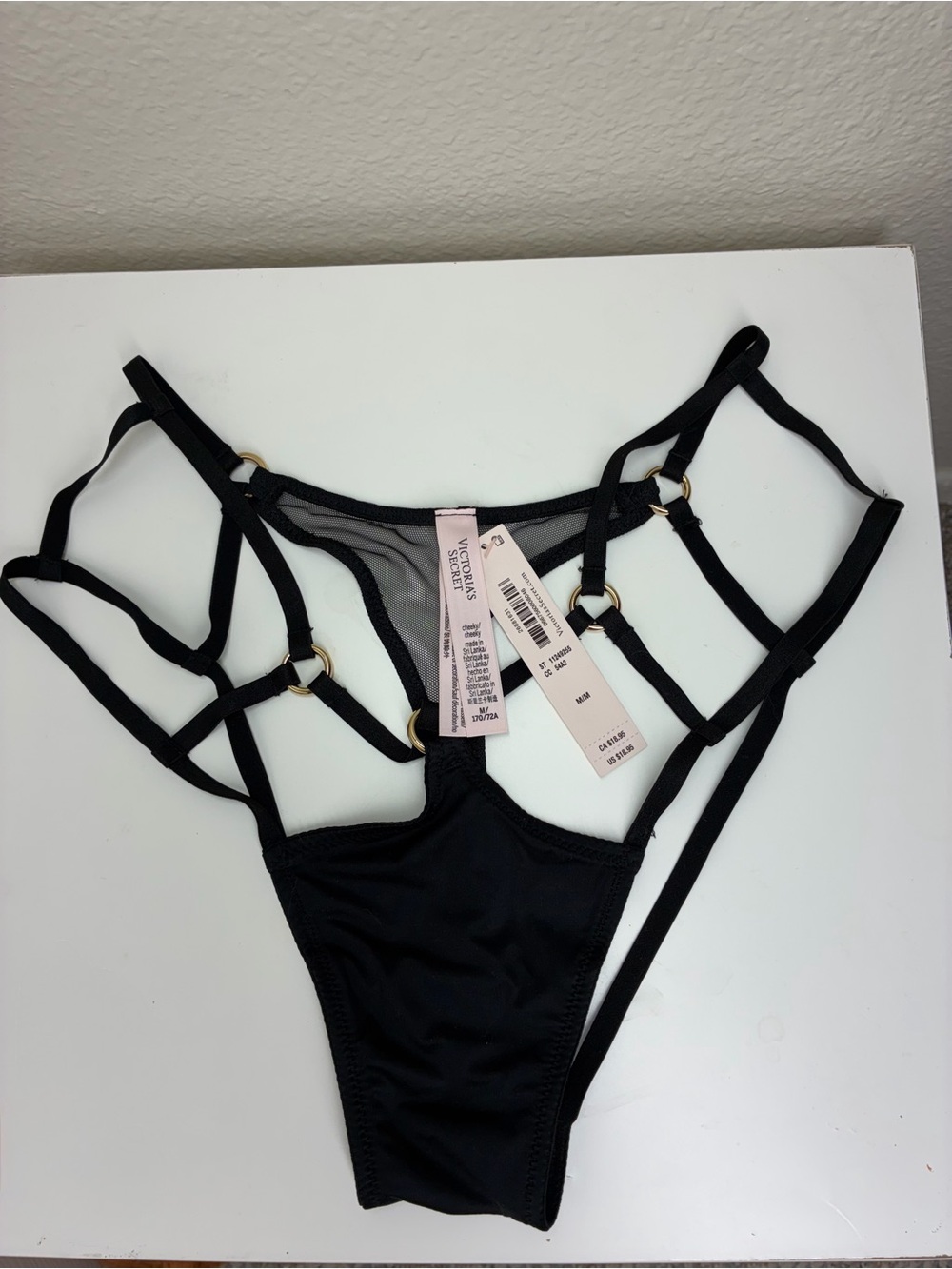 NWT Victoria's Secret Black Strappy Ring-Accent Cheeky Panties, size Medium